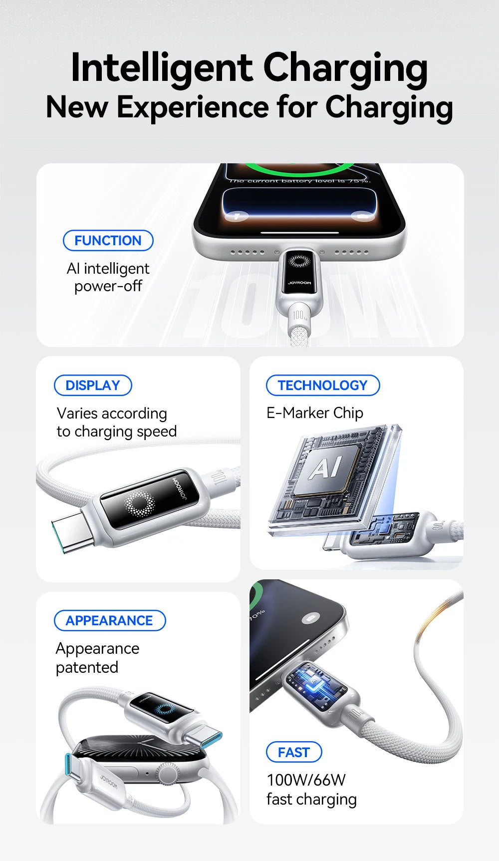 Joyroom 100W USB C Cable Automatic Power Off Fast Charge Type C Cable For iPhone 16 15 Pro Max  Xiaomi Sumsang Huawei