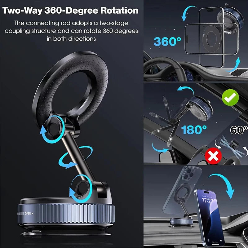 360° Magnetic Car Phone Holder – MagSafe Compatible, Vacuum Suction, 16-Magnet Mount | Universal 4.7"+ | Dashboard & Windshield
