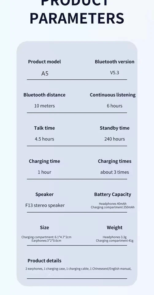 UEESFIT A5 TWS Wireless Bluetooth Earphones Sports Gaming HiFi Sound Headphones Noise Reduction In ear Earbuds With Microphone