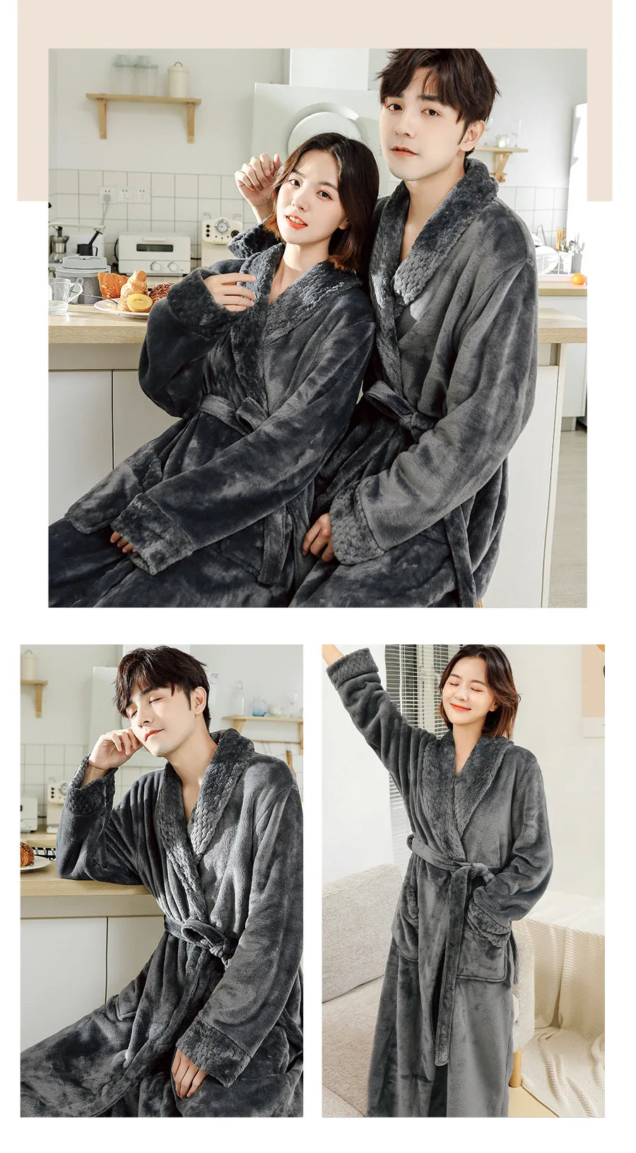 Couples Flannel Robe, Long Warm Fleece Bathrobe for Men and Women