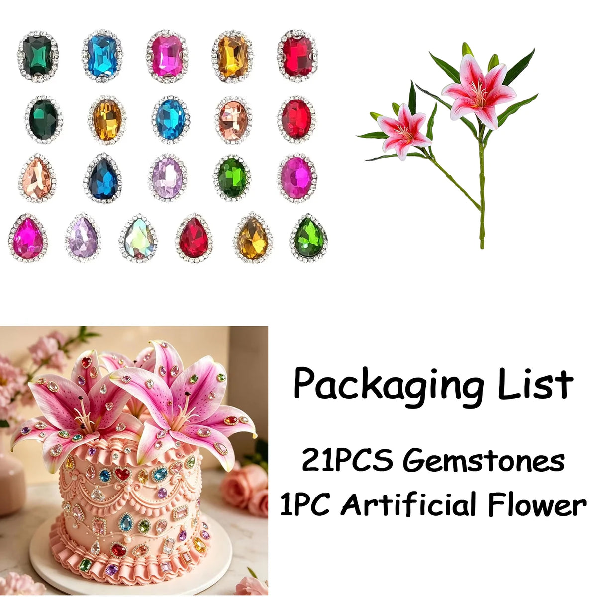 Gems Cake Toppers Gemstones Cake Toppers Artificial Flowers Cake with Diamonds Gemstones Set for Birthday Party Supplies Decor
