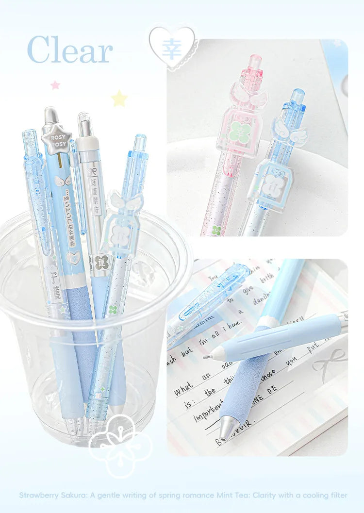 4pcs Good Luck Gel Pens Set Sweety Japanese Style 0.5mm Ballpoint Black Ink for Writing Student Back to School Kids Gift A3142