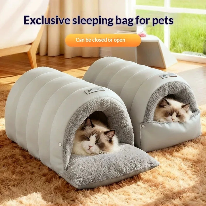 Semi-Enclosed Cat Cave Bed - Washable Winter Cat House with Non-Slip Base