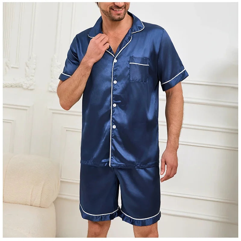 Women's & Men's Satin Pajama Set - Short Sleeve, Solid Colour