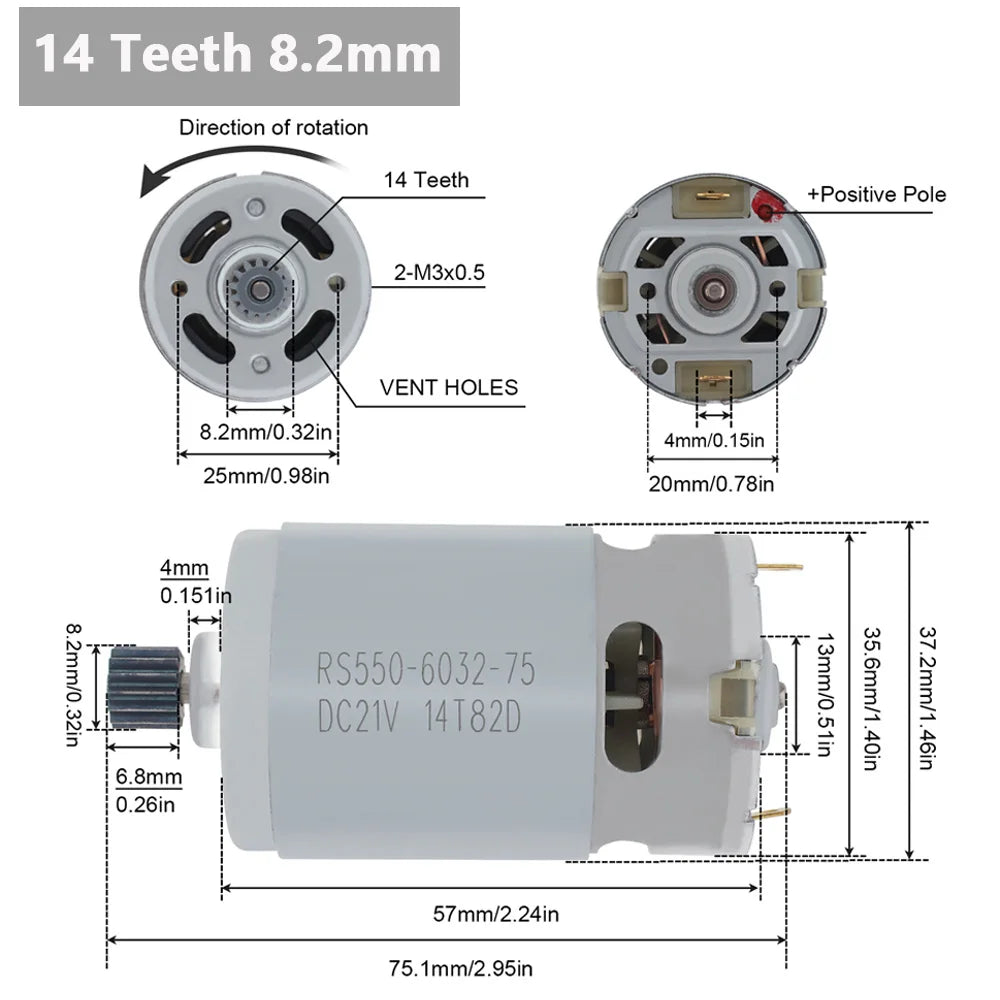 RS550 DC Motor 14 Teeth 8.2mm/9.5mm 21V Gear for Mini Chain Saw Electric Motor Engine Drill Rechargeable Power Tool Accessories