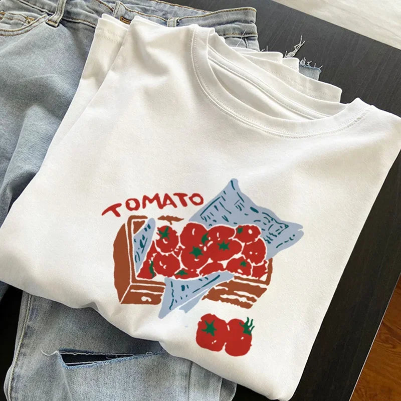 Vintage Tomato Style Sun and Handprint Women's T-Shirt Casual Loose Short Sleeve Top Aesthetic Zodiac Cute Fashion T-Shirt Y2K
