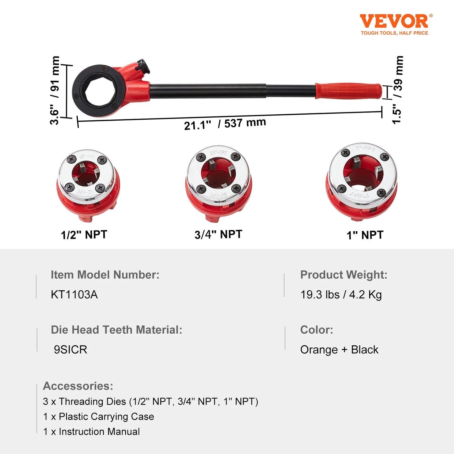 SucceBuy Pipe Threader Kit 1/2" NPT 3/4" NPT 1" NPT Manual Ratcheting Pipe Threader Portable Pipe Threading Tool Set 3PCS