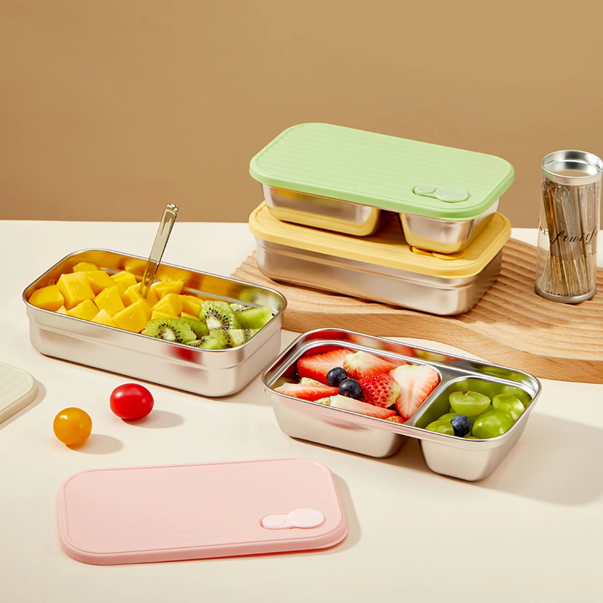 WORTHBUY 304 Stainless Steel Lunch Box With Lid Portable Fruit Salad Food Container Stackable Leak Proof Bento Box For Student