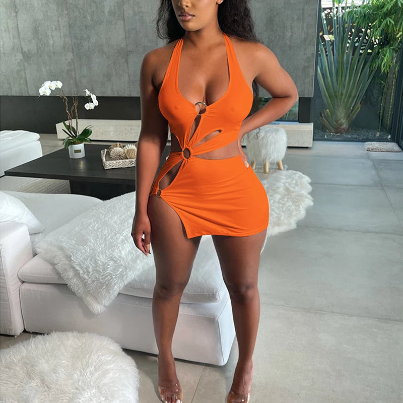Summer Dresses Woman 2026 High Street Stretch Slim Hollow Sexy Mini Bodycon Dress Elegant Orange Sleeveless Club Party Sundress