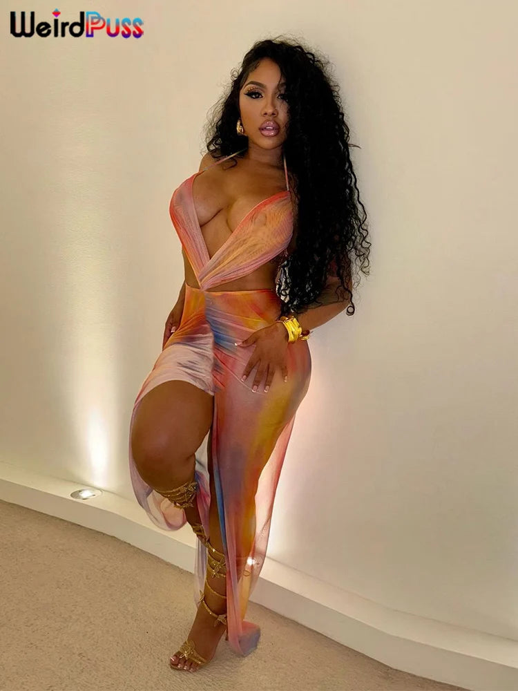 Weird Puss Irregular Ruched Dress Women Sexy Mesh Colorful Gradient Summer Trend Cross Backless Split Hollow Stretch Bodycon
