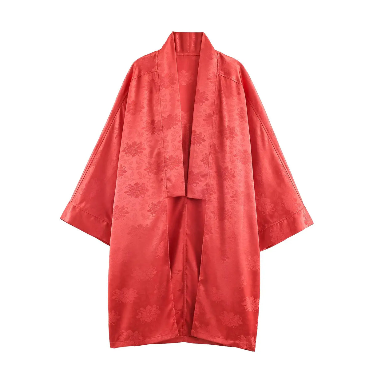 Women's Cardigan 2026 Summer Vintage Streetwear Satin Long Cardigan Red Floral Print Batwing Sleeve Loose Casual Coat