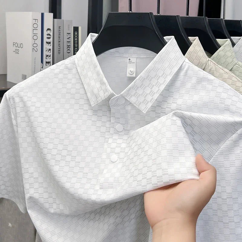 Men's Hollow-Grid Polo - Lapel Three-Button, Breathable Stretch