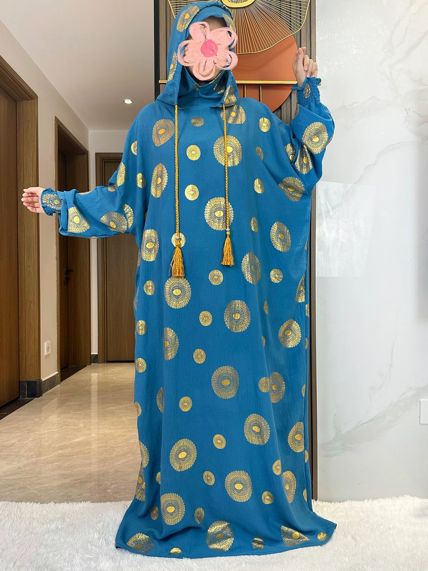Women's Cotton Embroidered Abaya Kaftan – Gold Dust Shimmer, Loose Fit, All-Season Muslim Dress