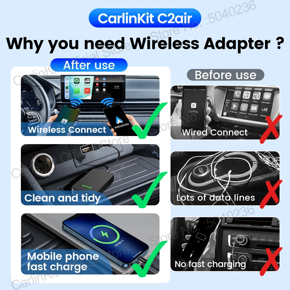 CarlinKit 5.0 C2Air Wireless Adapter Wireless CarPlay Android Auto Plug &Play 2.4Ghz&5.8Ghz WiFi BT Auto Connection For OEM Cars