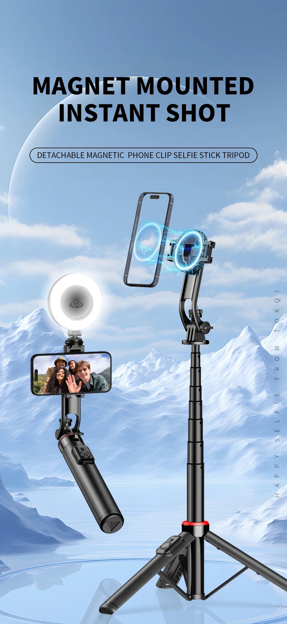Magnetic Selfie Stick Tripod for iPhone 12-16 Pro Max Travel Stand with Magsafe Phone Clamp for Android Smartphone