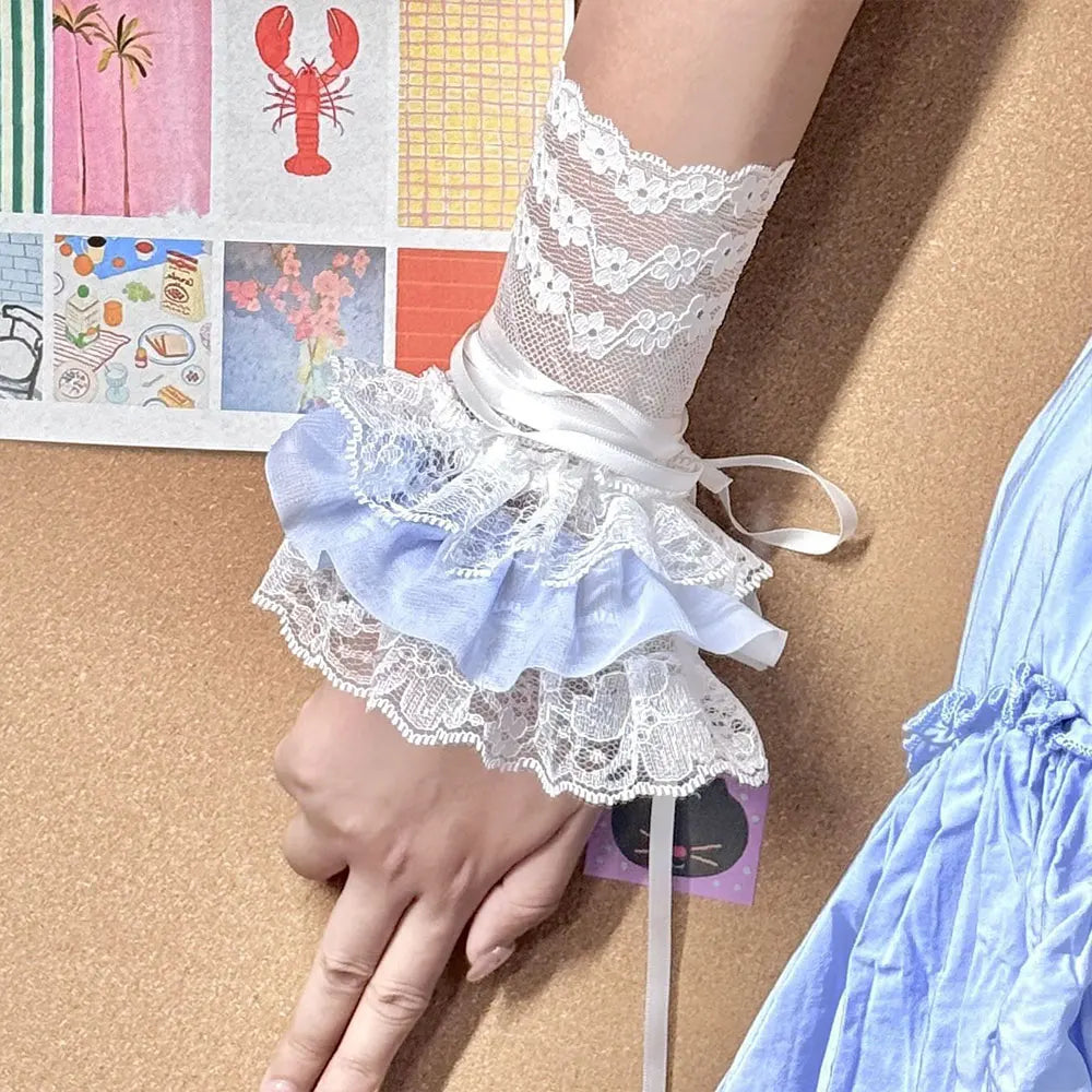 1 Pair Women Lolita Jk Lace Fingerless Gloves Black Gothic Fake Sleeves Trendy Elastic Long Lace Arm Sleeves Clothes Decoration