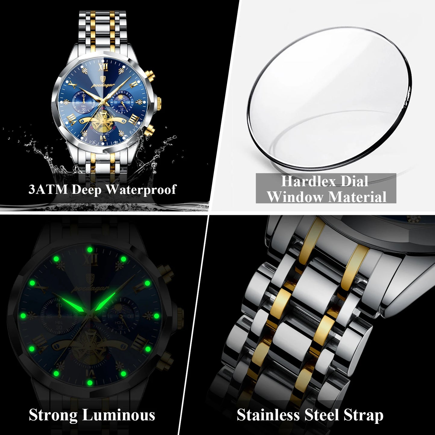 POEDAGAR Luxury Men's Quartz Watch – Waterproof Luminous Chronograph Stainless Steel Wristwatch (Model 938)