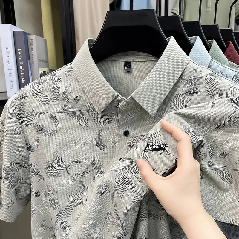 Men's Printed Lapel Polo - Wrinkle-Resistant, Outdoor & Training