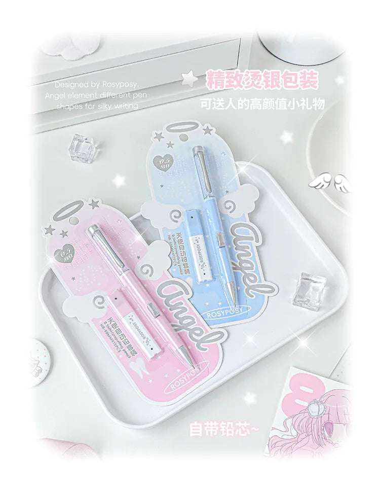 Angel Automatic Lead Set High Appearance Girl Heart Shiny Crystal Pen Holder 0.5HB Student Button Pencil and Lead Core