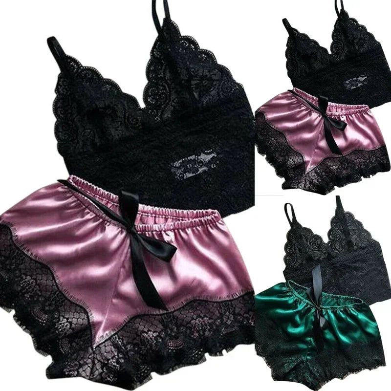 Women's Lace Sleeveless Pajama Set – V-Neck Top & Shorts Loungewear (S/M/L)