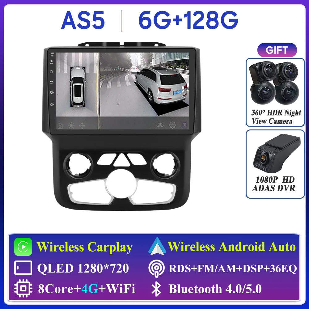 For Dodge Ram 1500 2500 3500 2013-2018 Car Radio Navigation GPS Carplay Stereo Android Auto Multimedia Player DVD Bluetooth 5G
