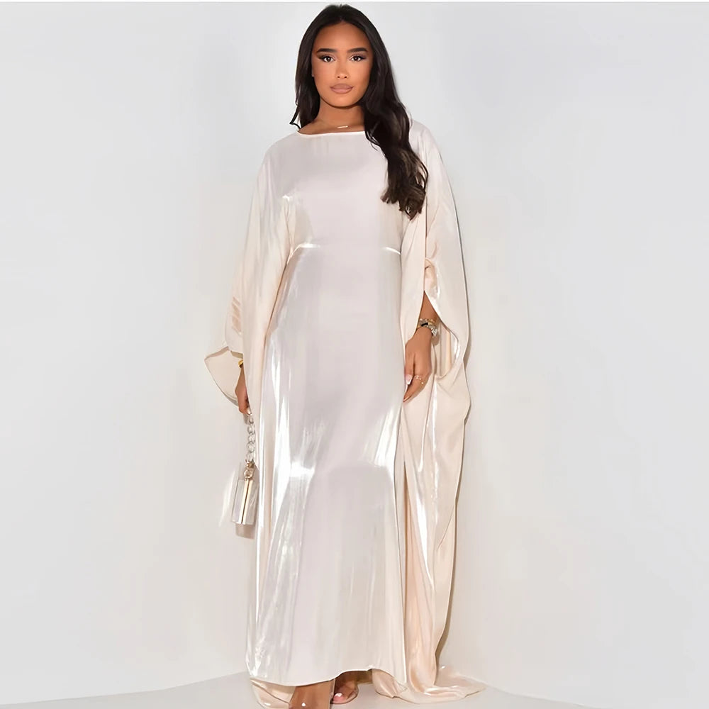 Shimmer Batwing Satin Abaya – Luxury Muslim Kaftan Dress for Eid & Ramadan