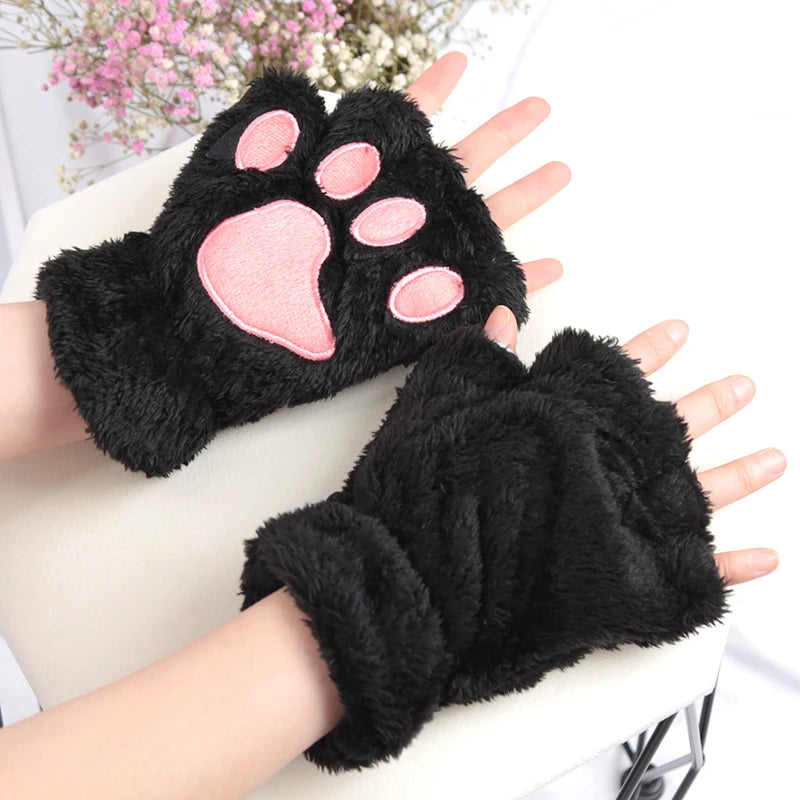 Women's Cat Paw Fingerless Gloves, Plush