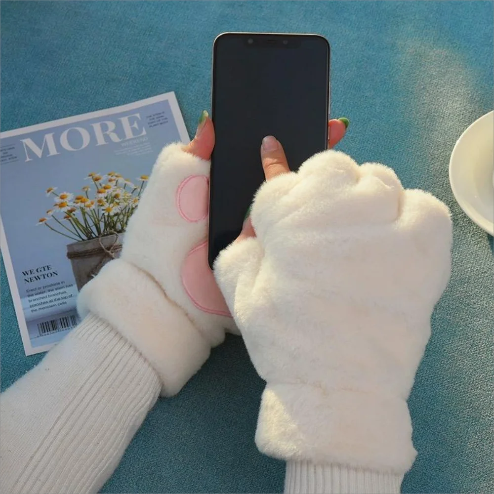 Women's Cat Paw Plush Mittens, Fingerless