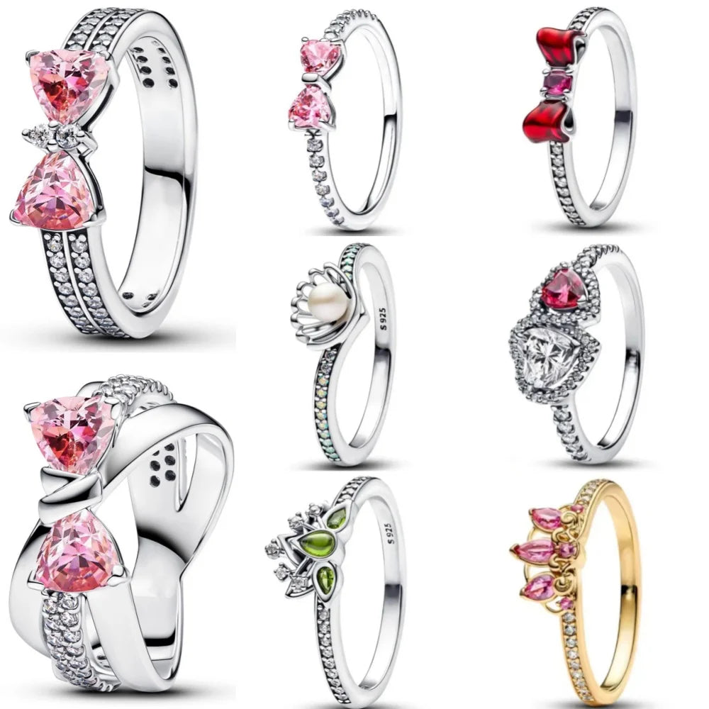925 Silver Bow Ring – Dainty Pink & Red Stackable Band