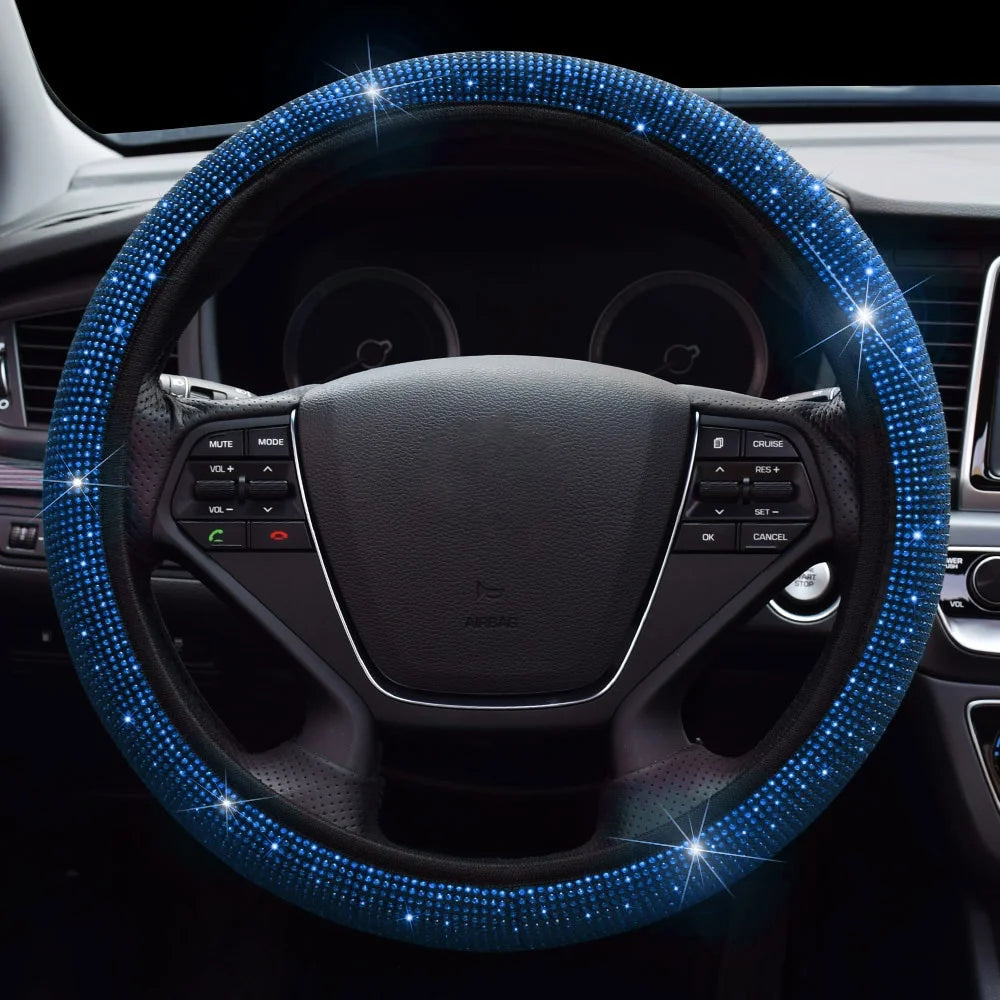 38cm Universal Car SUV Breathable Anti-Slip Bling Rhinestones Steering Wheel Cover for Women Girl with Crystal Diamond Sparkling
