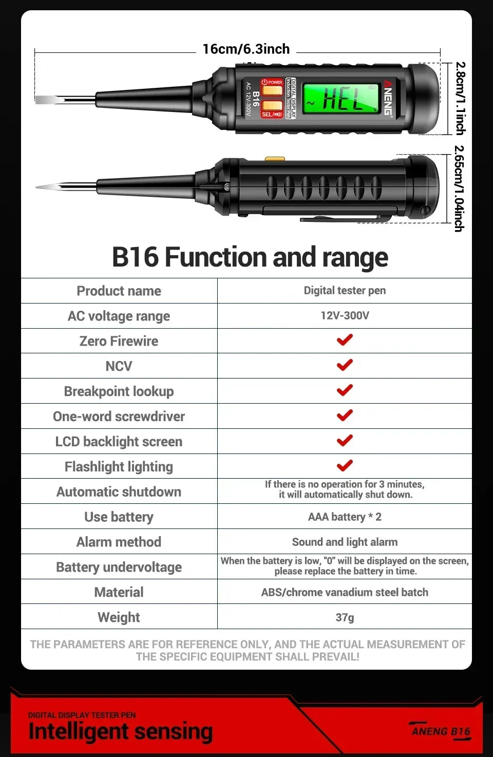 ANENG B16 Voltage Tester Pen 12V-300V Non-Contact Induction  Detector NCV Voltage Sensing Test Meter Breakpoint Finder Tool