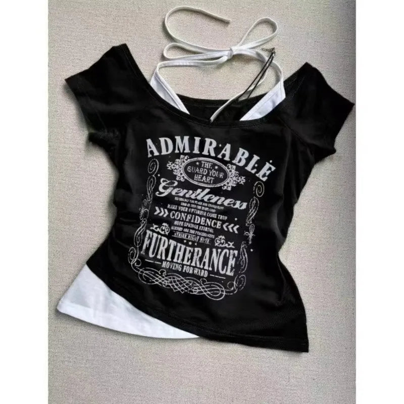 Women's Vintage Harajuku V-Neck Backless Crop T-Shirt – Grunge Y2K Patchwork Subculture Tee