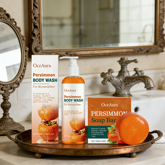 Persimmon Shower Gel and Soap Bar Set - Rich Foam, Fruity Scent