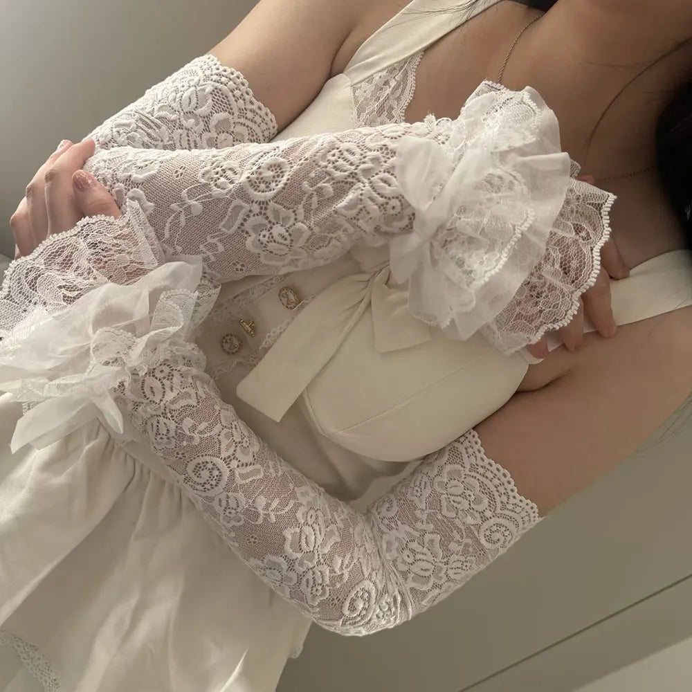 1 Pair Women Lolita Jk Lace Fingerless Gloves Black Gothic Fake Sleeves Trendy Elastic Long Lace Arm Sleeves Clothes Decoration