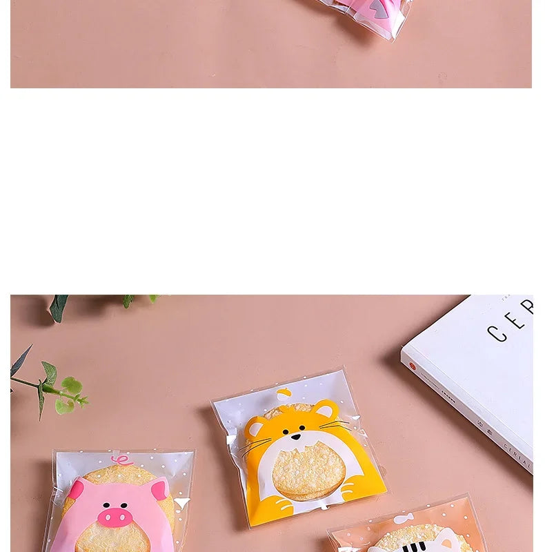 100Pcs Plastic Transparen Cartoon Candy Cookie Plastic Bags Self-Adhesive For Biscuits Snack Baking Package Kids Gift DIY