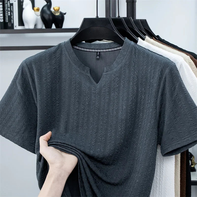 Men's Bubble-Texture Tee - Split Collar, Soft Anti-Wrinkle Stretch