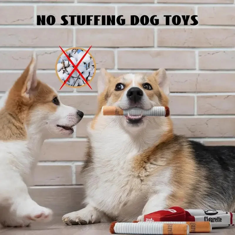 Funny Cigarette Pack Plush Dog Toy Set, Squeaky