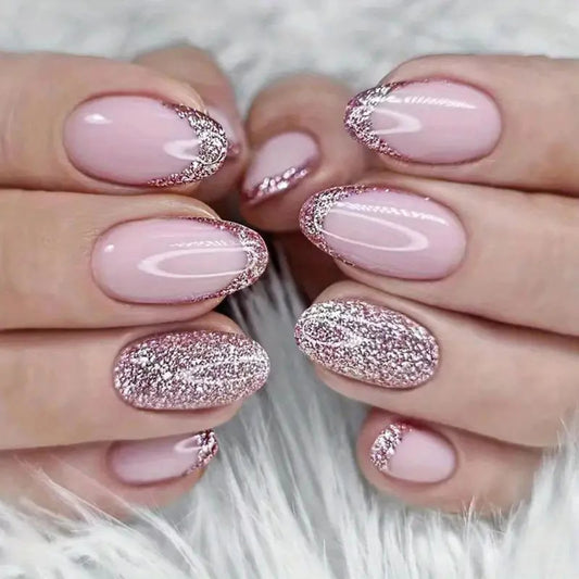 24-Piece Pink Glitter French Press-On Nails - Short Almond Reusable False Nails