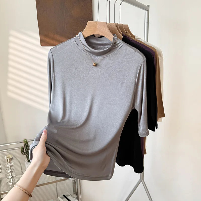 Yuyue's 100% Mulberry Silk Basic Women's T-shirt Solid Color Large Size Half Crew Neck Mulberry Silk Top Mid-sleeve Base Shirt