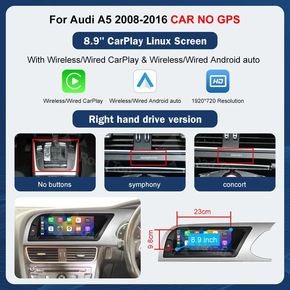 8.9 Inch 12.3"" Multimedia Display Touch Screen For Audi A5 S5 2008-2016 Airplay Miracast Function Wireless Carplay Android Auto