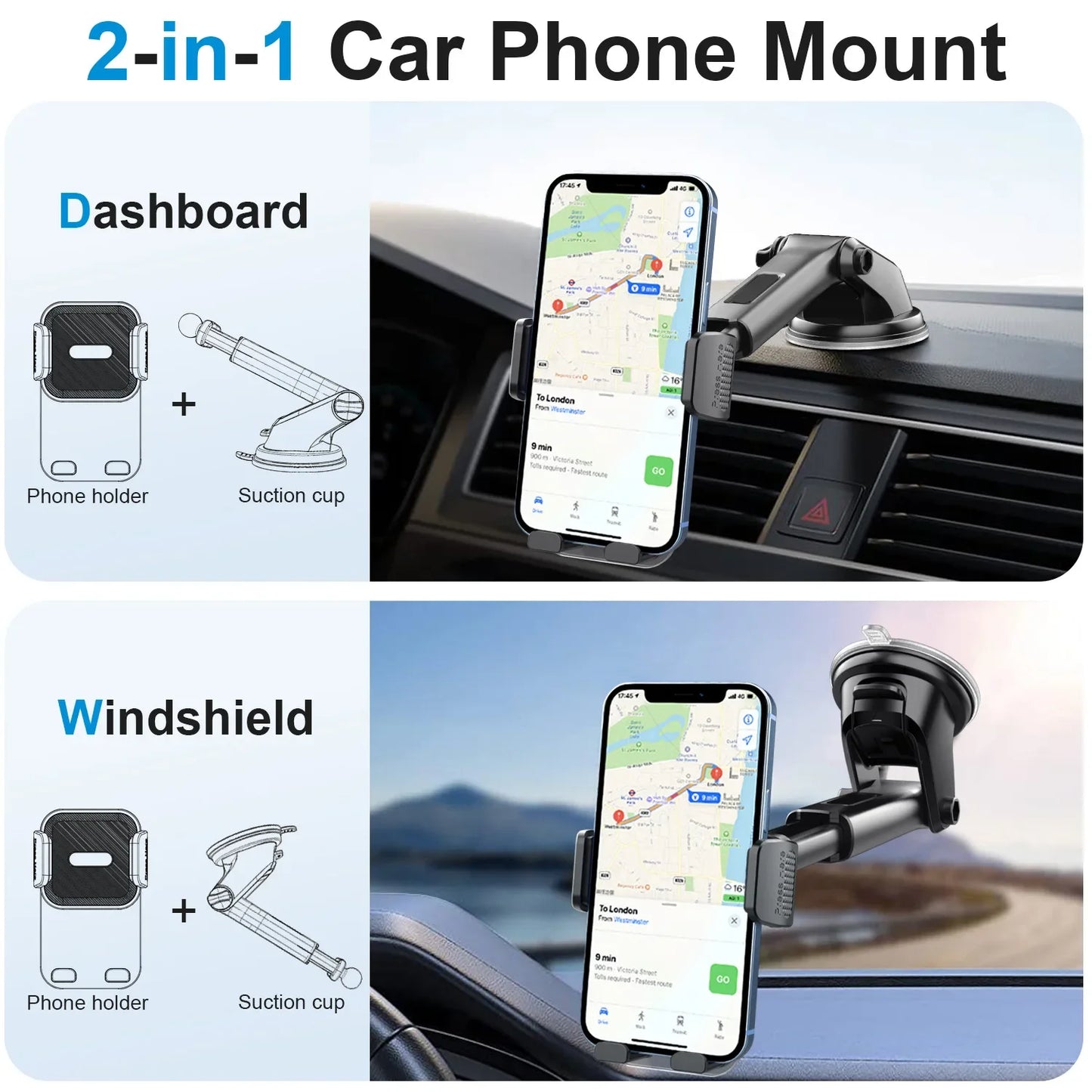 Car Phone Holder for Dashboard & Windshield – Universal Clip Mount for 4.7–7" Phones