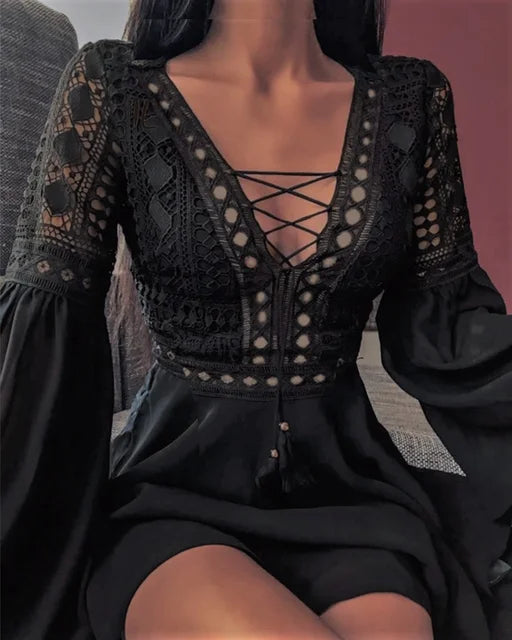 Women's A-Line Ruffle Chiffon Mini Dress — Long-Sleeve V-Neck Dress