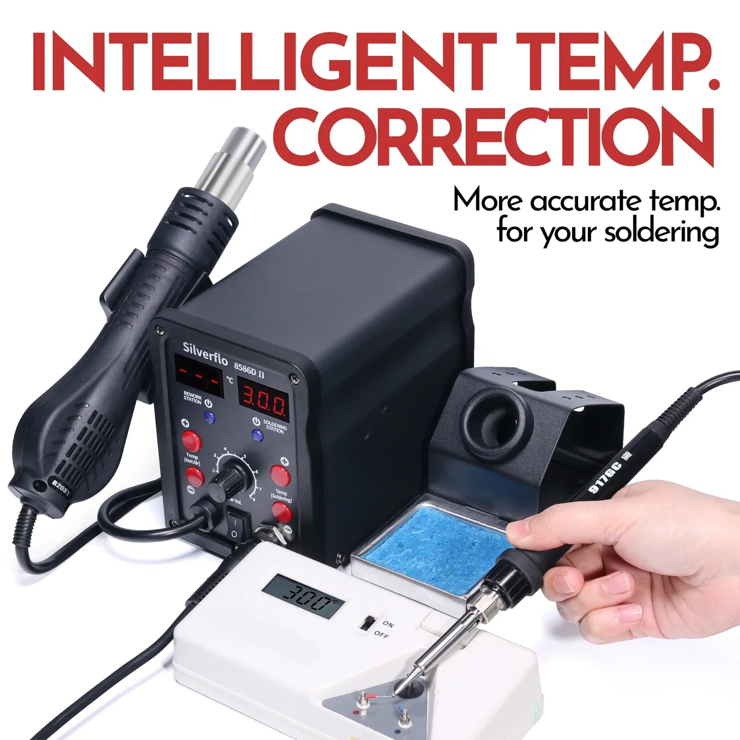 Silverflo 8586D-II Soldering Station 2 IN 1 Soldering Iron Hot Air Station Welding Rework Station with10-Minute Sleep Mode
