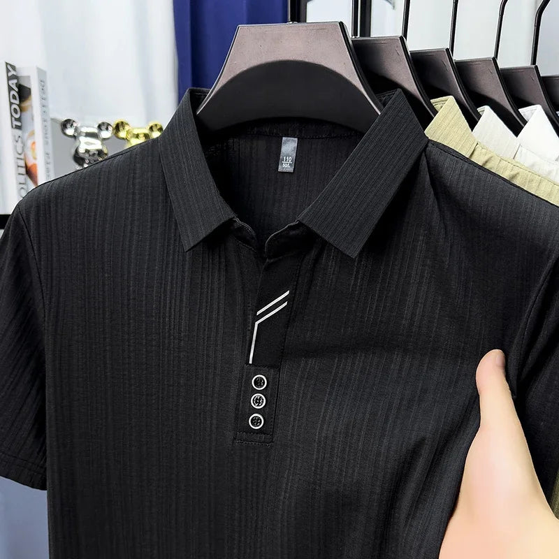 Men's Vertical-Stripe Polo - Soft Breathable, Three-Button Lapel
