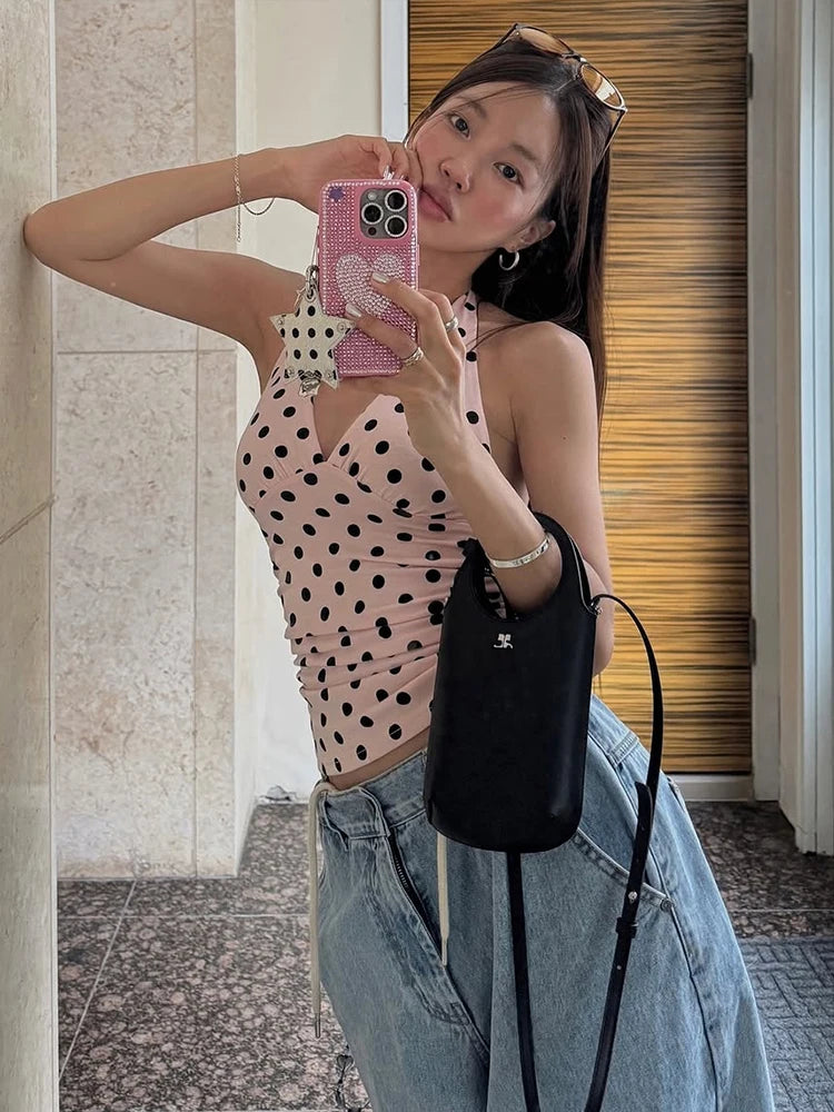 Women's Polka Dot Halter Tank Top – Lace-Up Backless V-Neck Skinny Y2K Streetwear Vest