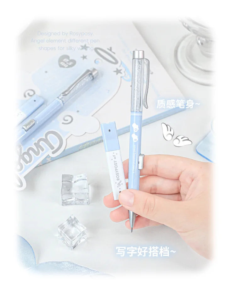 Angel Automatic Lead Set High Appearance Girl Heart Shiny Crystal Pen Holder 0.5HB Student Button Pencil and Lead Core