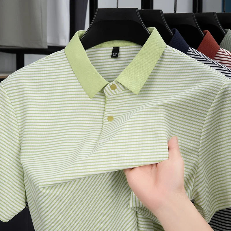 Men's Fine-Stripe Lapel Polo - Breathable Mesh, Soft Stretch