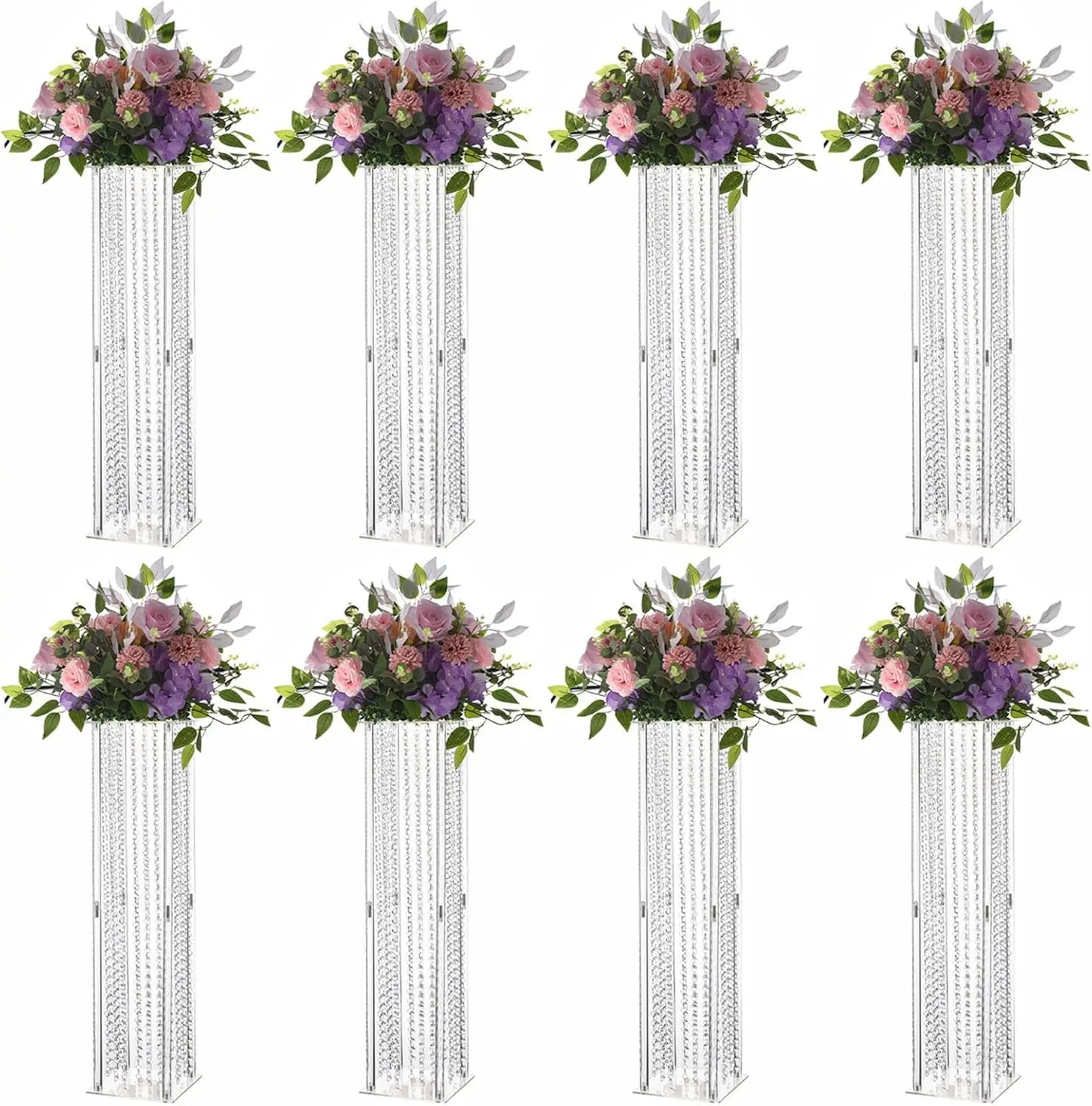 8PCS Acrylic Flower Stand with Crystals Beads for Wedding 31.5 inch Geometric Vase for Tables Column Floral Vase Display Holder