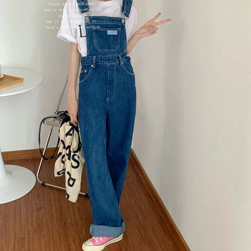 New Summer Fashion Denim Jumpsuits for Women Wide Leg Jeans Overalls Korean Baggy Suspender Pants Korean Streetwear Trousers