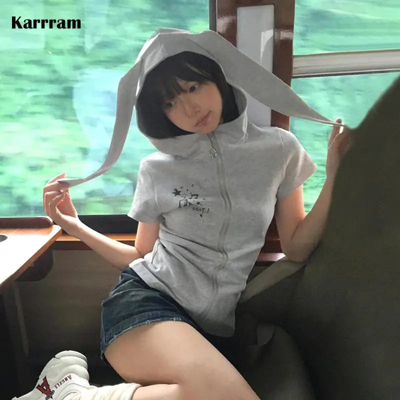 Y2K Hooded Tee – Rabbit-Ear Zip Harajuku Short-Sleeve Top